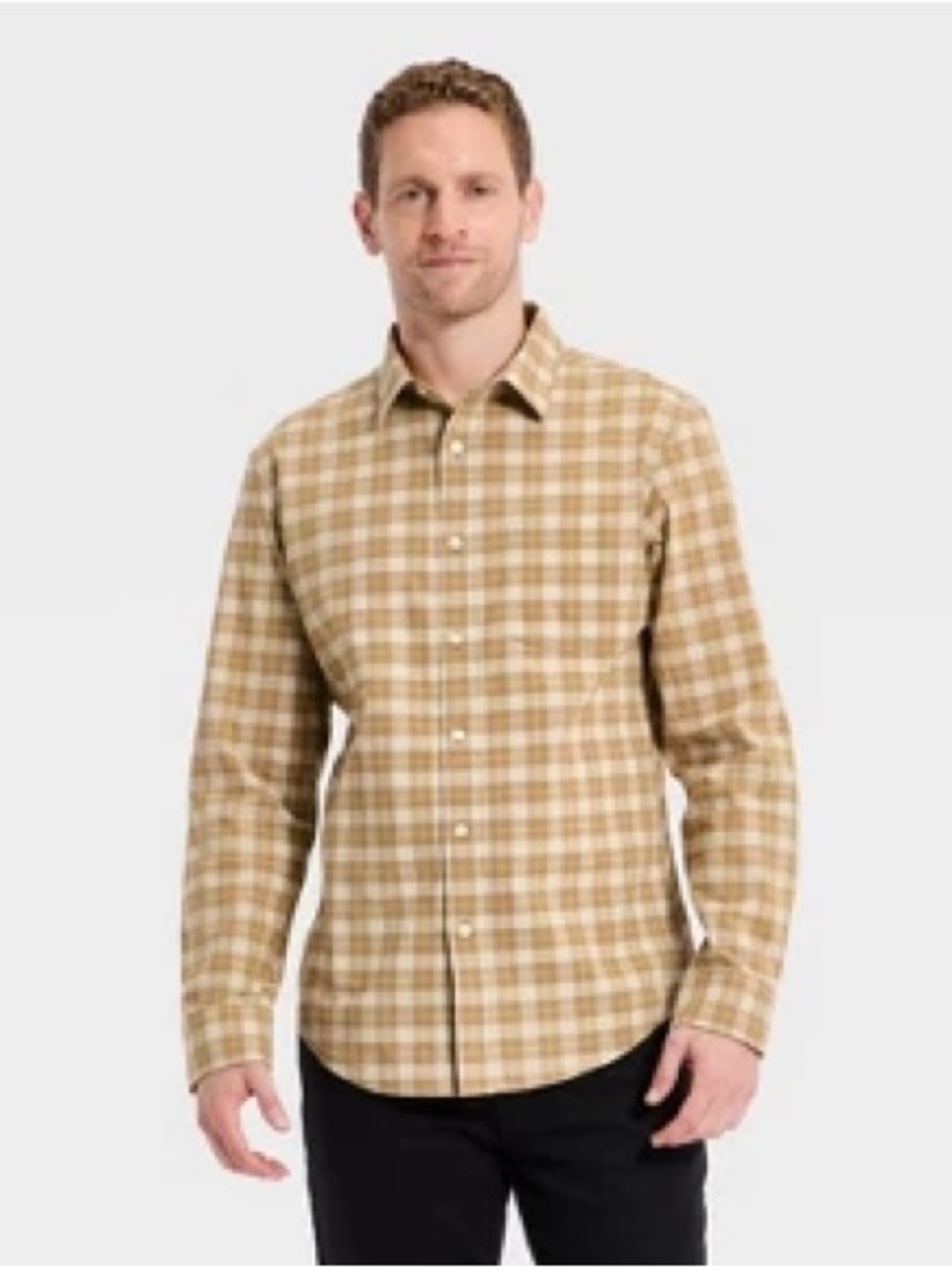 Men's Beige Plaid Long-Sleeve Poplin Shirt Size Small
